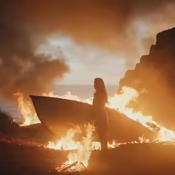 a woman is holding a surfboard while standing on a hill next to a fire