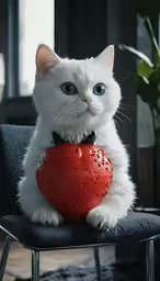a white cat sits on a chair with an orange ball