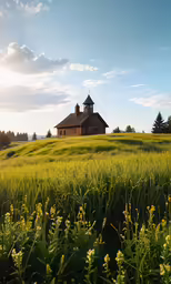 a barn in the middle of a grassy hill