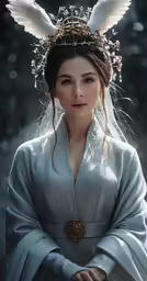 a woman in a white and gray gown with angel wings