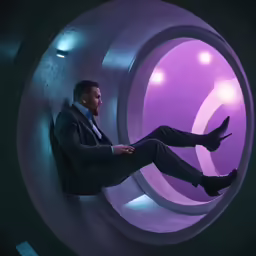 a man in a suit and tie laying down in a round hole
