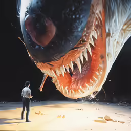 a man standing by a giant shark head on display