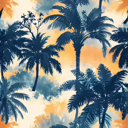 a photograph of palm trees with orange sky