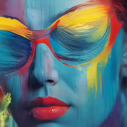 a woman with bright glasses and colorful paint