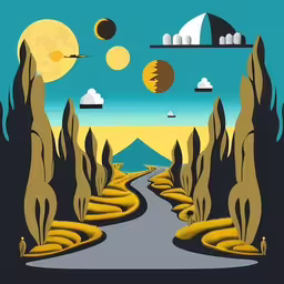 a painting on a background of the desert with people,an illustration of an unusual landscape that includes a road in the middle of the desert