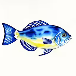 a blue and yellow fish on a white background,a painting of a blue and yellow fish,watercolor illustration of a blue and yellow fish,a painted blue and yellow fish floating in the water,a blue and yellow fish sitting on a white surface