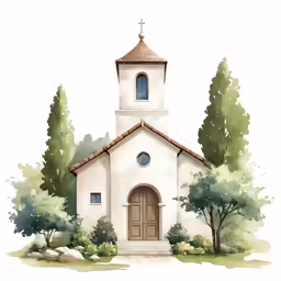 an artistic watercolor painting of a white church