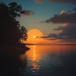 a lake is shown with the sun behind the trees