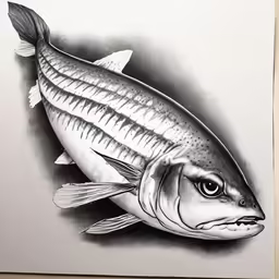 a drawing of a fish in black and white