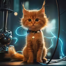 a small orange cat wearing a blue collar on a table