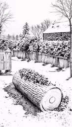 a log lying in a yard on the snow