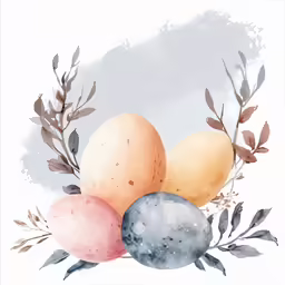 three eggs in watercolors are arranged near one another