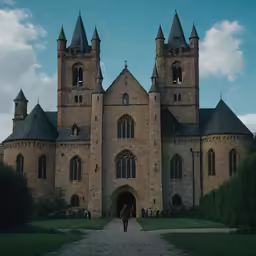 a large stone building with towers and a paved path leading to the entrance