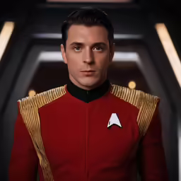 a man in a red uniform standing in front of lights