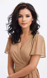 a young woman with long hair is wearing a gold gown