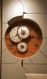 two clocks hanging on the wall with faces turned towards the side