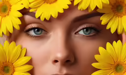 a woman with yellow daisies covering her face