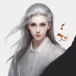 a young woman with long gray hair in a blouse
