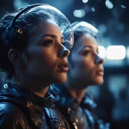 a woman standing next to another woman in front of a mirror