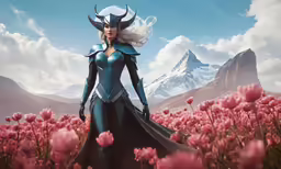 an animation character standing in the flowers and mountains