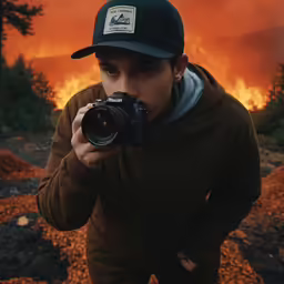 a person taking a photo with a camera and a fire in the background