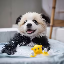 a cute dog laying down with a toy duck