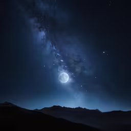 a night sky with mountains and the moon above