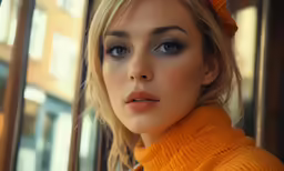the woman with blonde hair is wearing an orange turtle neck sweater