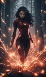 woman in a red suit and flash lighting up the air