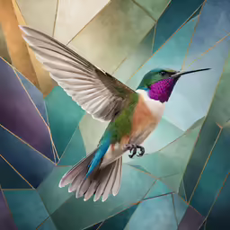 hummingbird flying in front of many multi colored squares