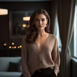 the young woman is standing in front of a window