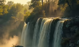 the sun is shining on a waterfall with mist