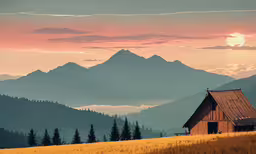 a wooden house sits on top of the mountains,a barn sits on top of a hill with mountains in the background