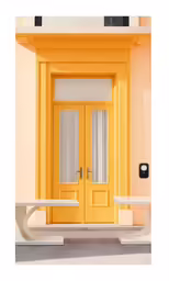 a large yellow door leading into a room