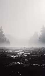 two people standing on a river bank in the fog