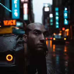 a man looking at something through his face while walking down a city street