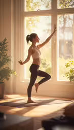 a beautiful woman in grey leggings standing on her yoga mat