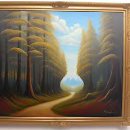 a painting of a forest with a road leading through it,painting of a forest and road in the afternoon
