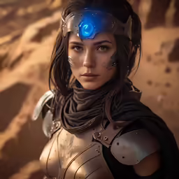 a young lady dressed in silver and blue and looking at the camera
