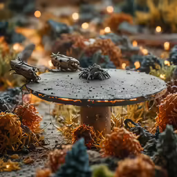 three little frog figurines on a table in a garden