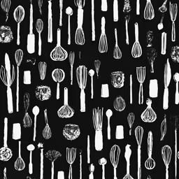 black and white drawing of kitchen utensils arranged in multiple rows