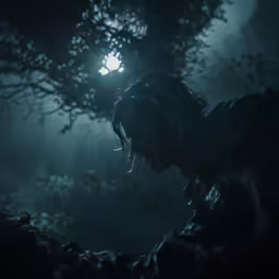 a man sitting under a full moon in a forest
