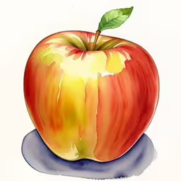an apple on a white background is painted in watercolor,watercolor painting of an apple with a green leaf