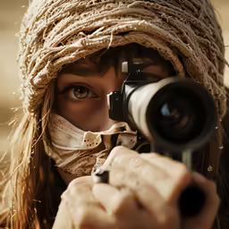 a woman wearing a bandana aims a rifle