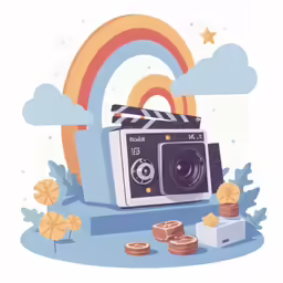 a cartoon film camera and some donuts are sitting on a table