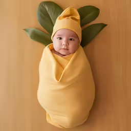 a baby wrapped in yellow and wearing a leaf headband