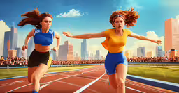 the two girls are running on a race track,two young women running down a race track
