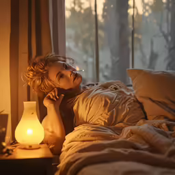 woman sitting on bed with warm light coming from her window