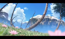 the image shows a green mountain surrounded by flowers