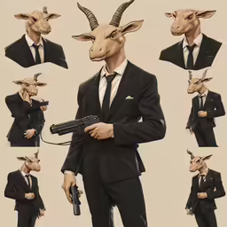 goats as men in suits and holding gun